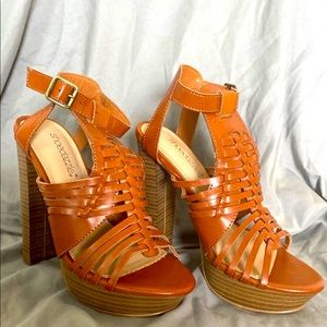 Cognac colored woven sandal heels